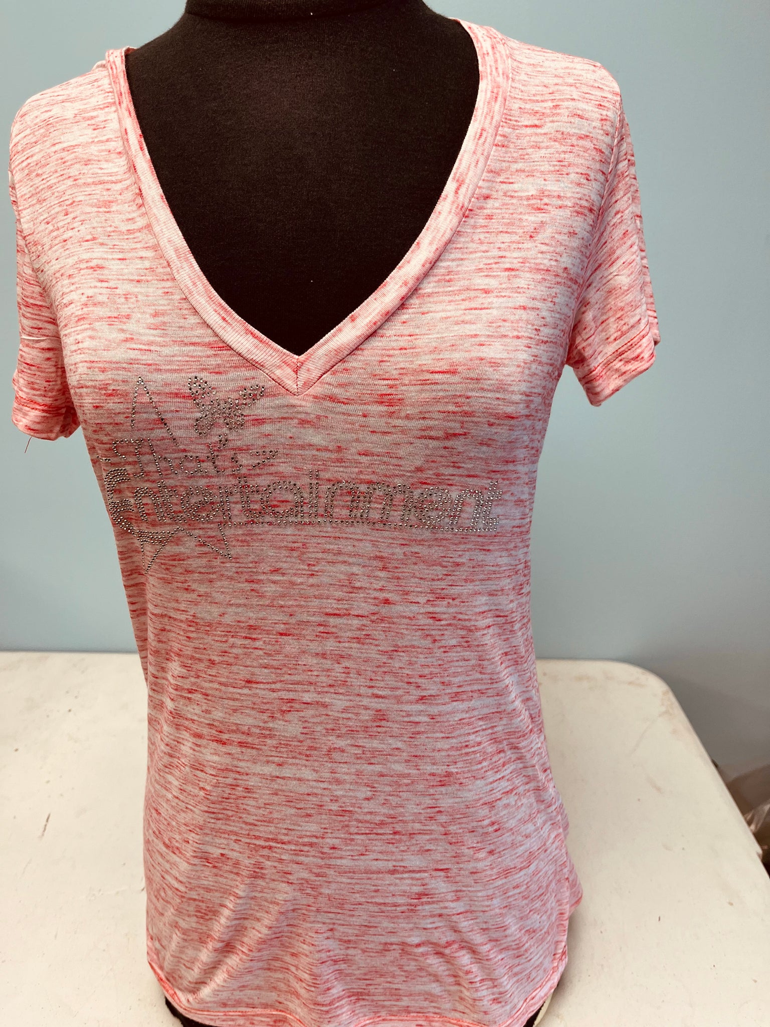 TE Pink & White V-Neck Shirt with Rhinestones